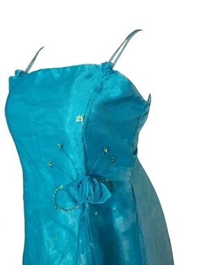 Turquoise Spaghetti Strap Party Dress with Beaded Detail